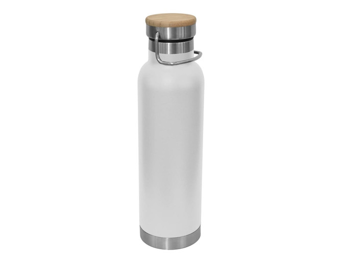 A drink bottle featuring a white body, stainless steel base, and a bamboo lid, complete with a logo.