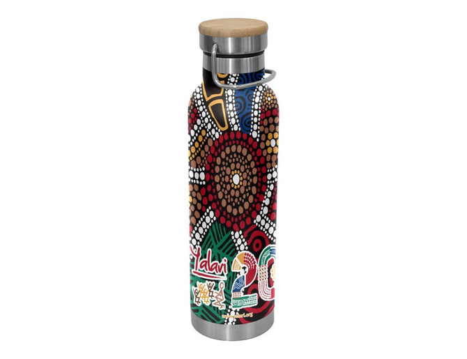 A drink bottle featuring a vibrant Aboriginal-inspired design, stainless steel body, and a bamboo lid.