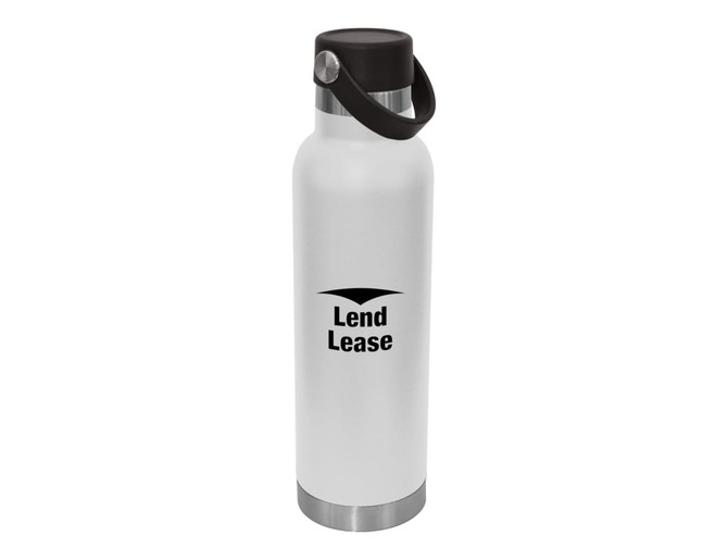 A drink bottle in white and stainless steel with a black lid and carry handle, featuring a logo.