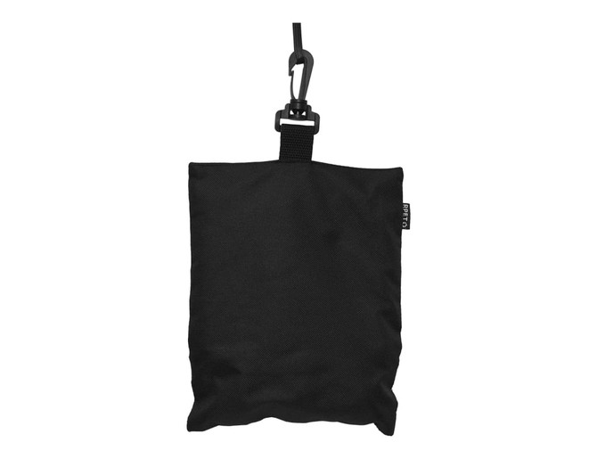 A black fabric pouch with a hook for attachment, featuring a small tag.