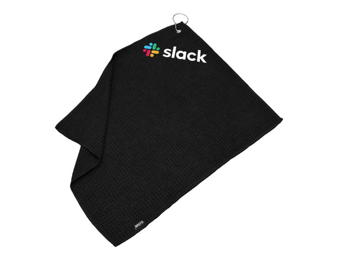 A black golf towel with a logo and a corner loop for attachment.