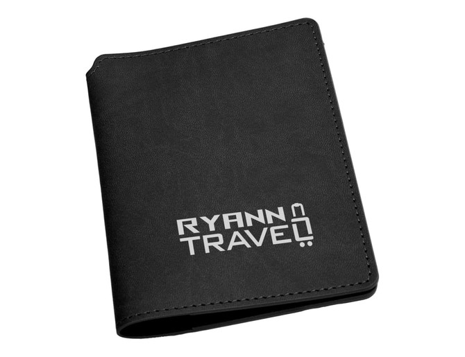 A black passport wallet with a branding logo on the front, featuring a sleek, minimalist design.