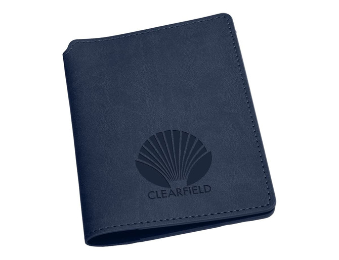 A navy wallet with a textured finish and a logo imprinted on the front.