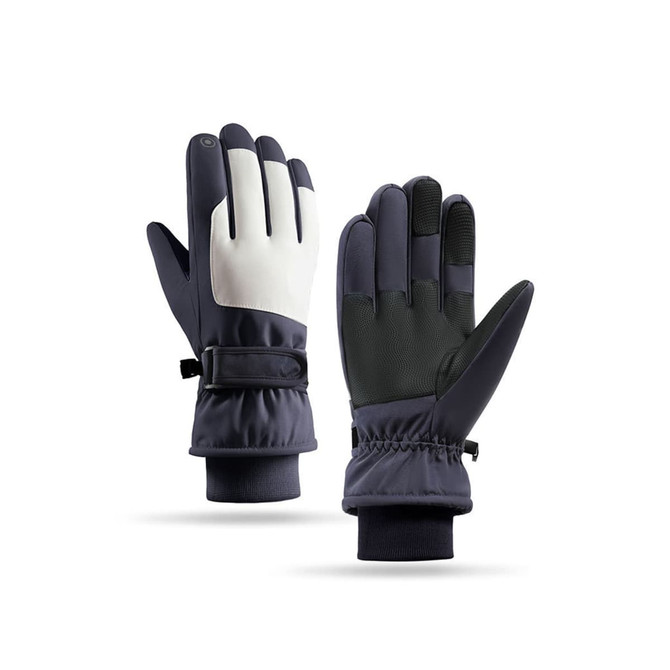 Ski gloves in navy blue and white with a textured grip, featuring adjustable wrist straps and a soft lining.