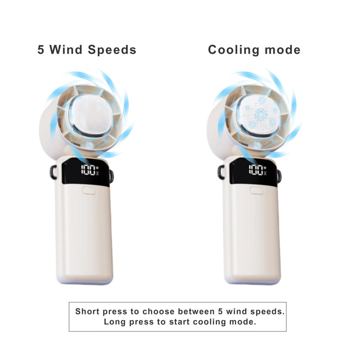 A portable cooling fan in white with a digital display and adjustable settings. Features a logo on the side.
