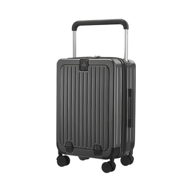 A grey hardside suitcase with a retractable handle and four wheels, featuring vertical grooves and a brand logo.