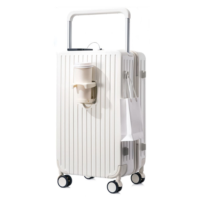 A white hardside suitcase with a textured surface, featuring wheels and a handle, along with a cup holder.