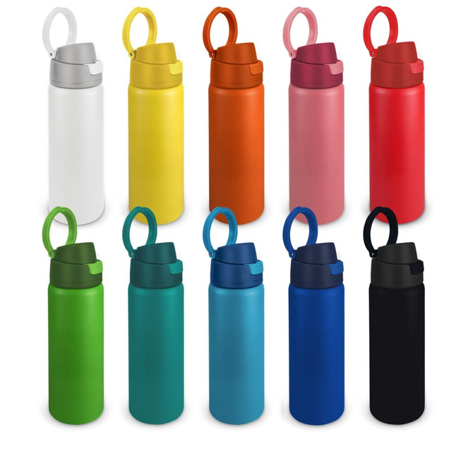 A drink bottle collection featuring various colours, including white, yellow, orange, pink, red, green, teal, blue, and black, with a logo.