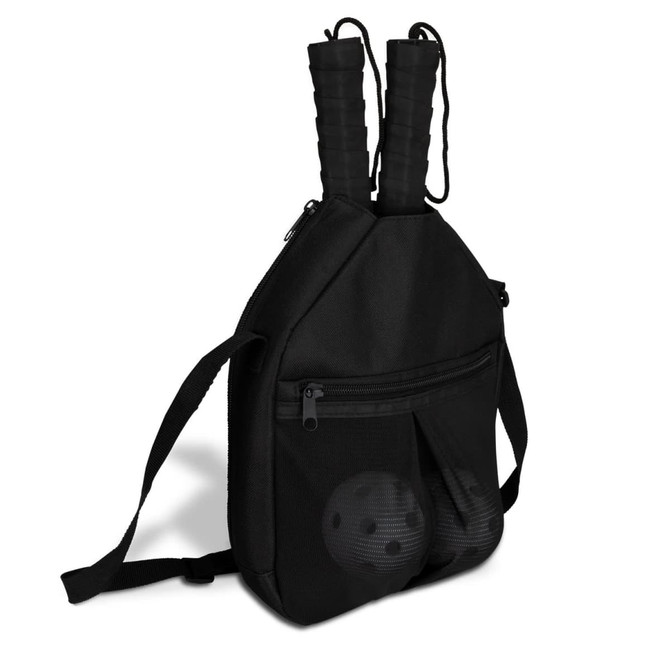 A black pickleball set bag featuring two handles and a front pocket displaying two pickleballs.
