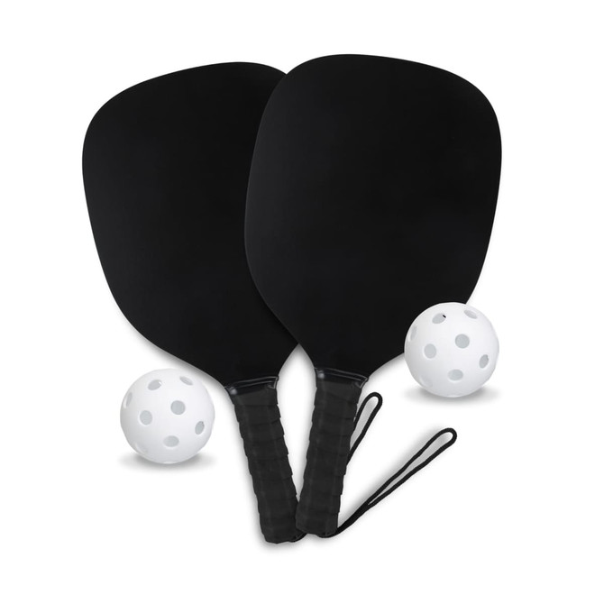 A pickleball set featuring two black paddles and two white perforated balls. The paddles have textured grips.