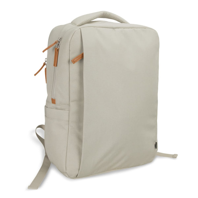 A beige backpack with a zippered pocket, shoulder straps, and a top handle, featuring a logo.