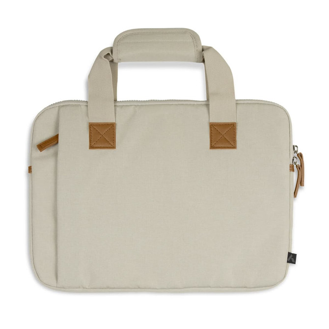 A beige laptop bag with brown accents, featuring a top handle and a zip closure. It has a logo on the side.