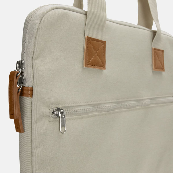 A beige laptop bag with tan accents and a front zip pocket. It features two sturdy handles.