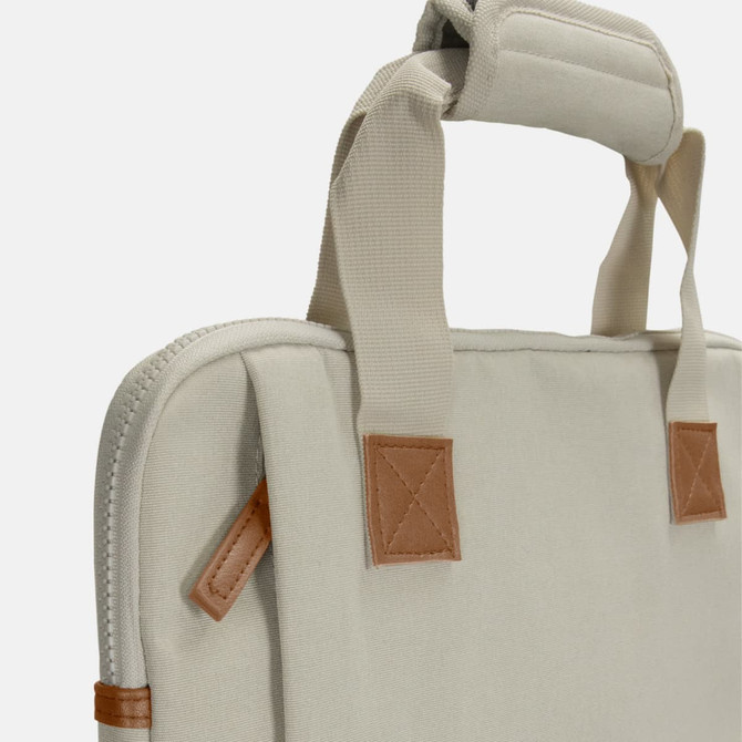 A laptop bag in light grey with tan accents and sturdy handles, featuring a minimalist design.