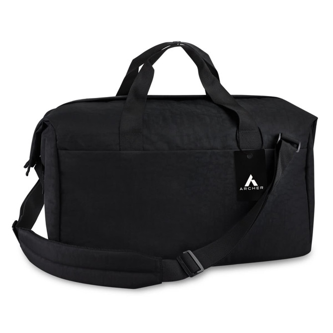 A black duffle bag with sturdy handles and a shoulder strap, featuring a logo tag.