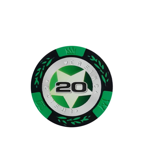 A round poker chip in green and black with a silver centre featuring the number 20 and a decorative design.