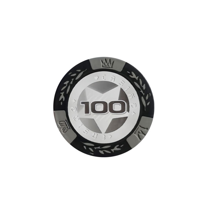 A black and silver poker chip featuring a central star design and numeric value of 100, with a decorative edge.