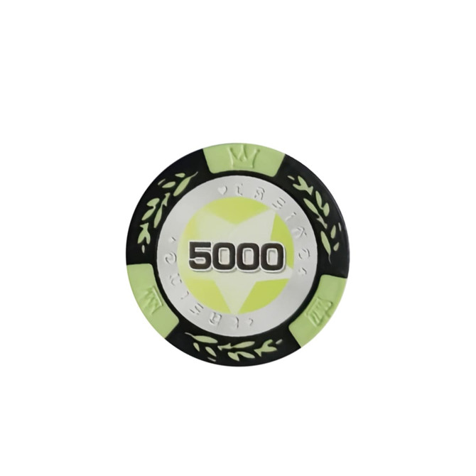 A clay poker chip in black and lime green, with a star design and the number "5000" prominently displayed.