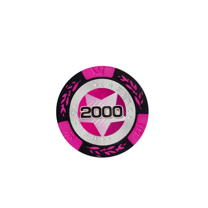 A round poker chip with pink, black, and silver colours, featuring a star design and the number 2000.