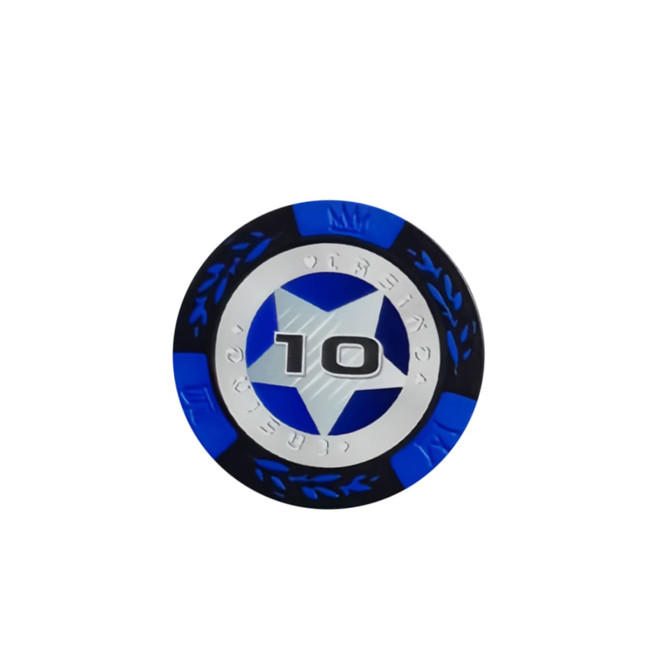 A circular poker chip featuring a blue and black design with a silver star and the number 10. It has a branding logo.