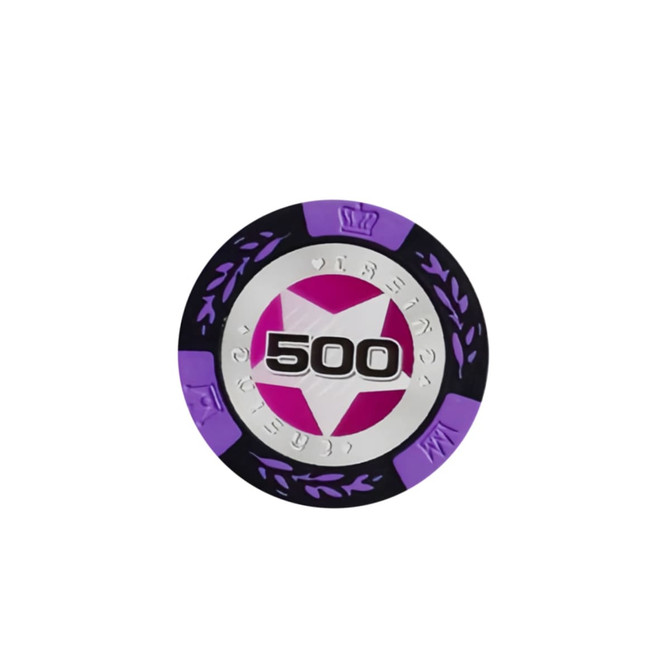A purple and black poker chip with a silver centre featuring a star and the number 500, and has a logo.