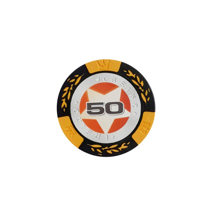 A circular poker chip featuring a red and orange star design, with a silver centre and black outer ring.