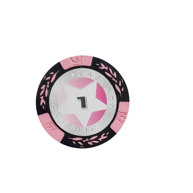 A pink and black poker chip featuring a star design and the number one, with decorative elements around the edge.