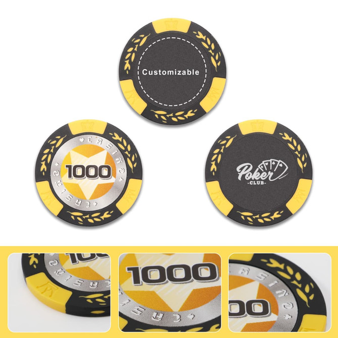 Wheat stalk clay poker chips in black and yellow with a silver centre, featuring a customizable area and branding.