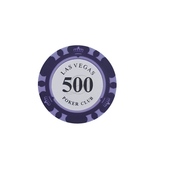 A purple poker chip featuring a white centre with a design, labelled "500" and "Poker Club."