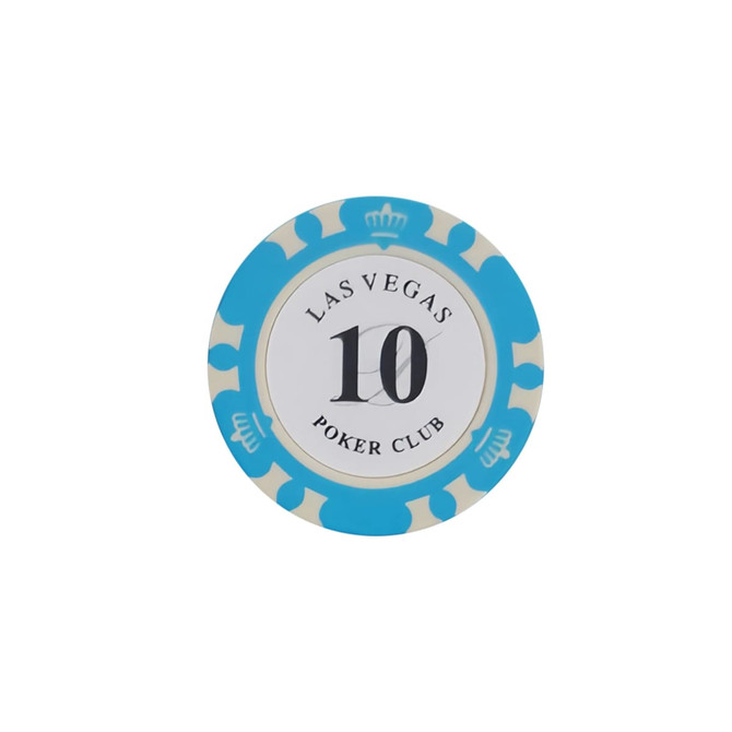 A round poker chip featuring blue and cream colours with a white centre and black text, along with a logo.