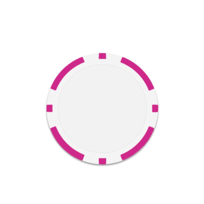 A round poker chip featuring a white centre and pink accents around the edge.