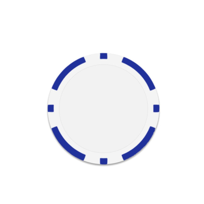 A round poker chip in white with blue markings around the edges. It features a logo in the centre.