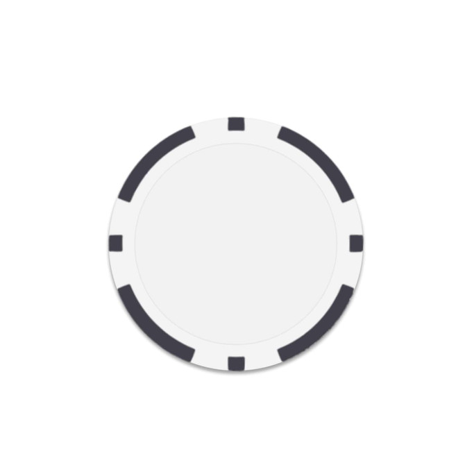 A round poker chip in white with black accents around the edges. The chip features a simple, clean design.