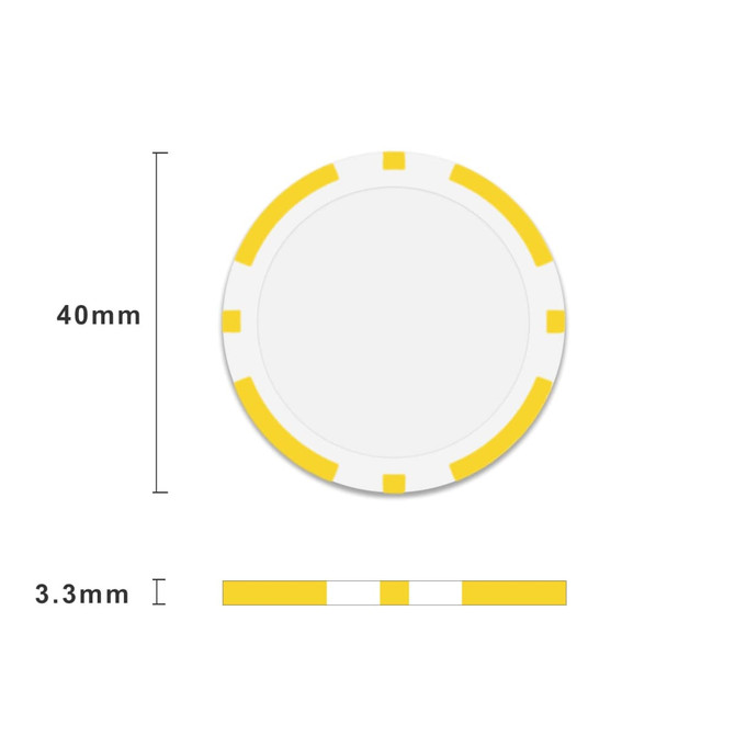 A round poker chip with a diameter of 40mm, featuring a white centre and yellow accents.