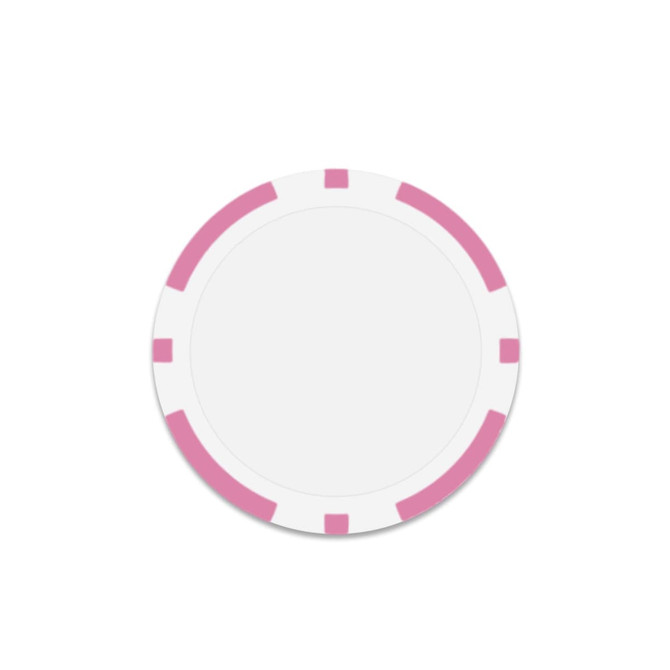 A round poker chip in white with pink accents around the edges, featuring a plain centre.