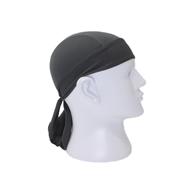 A grey cycling bandana hat displayed on a mannequin head, featuring a breathable material and a trailing tail.