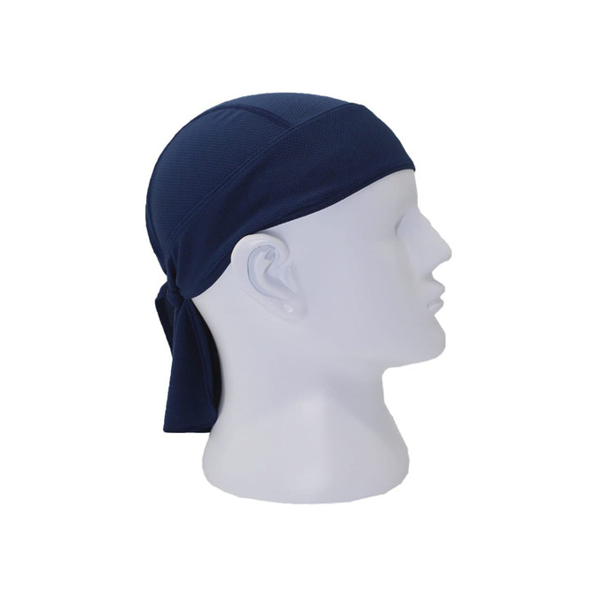 A navy cycling bandana hat displayed on a mannequin head, featuring a tie at the back and a logo.