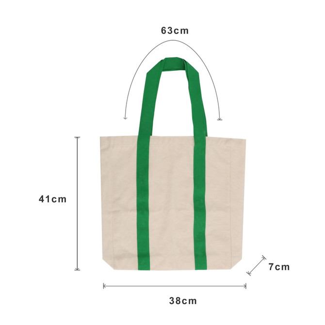 A beige canvas tote bag with green handles, featuring dimensions of 63cm width, 41cm height, and 7cm depth.