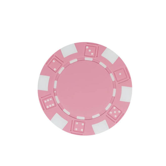 A pink poker chip featuring white accents and dice designs. It has a circular shape and includes a logo.