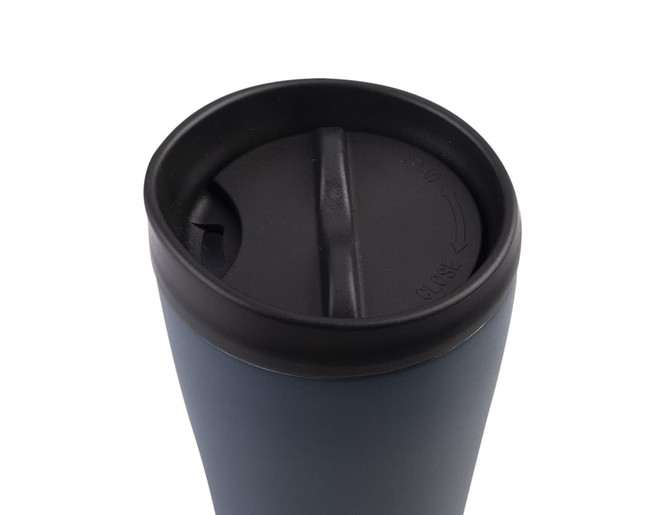A drink bottle featuring a dark blue body and a black lid with a drinking spout and a logo.