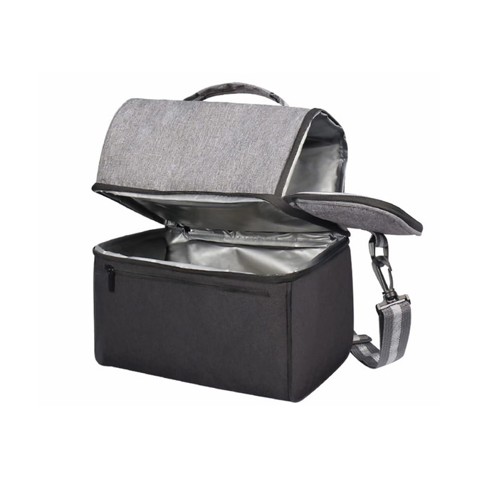 A two-compartment lunch bag in grey and black with a zip closure and a shoulder strap. It has a logo on the side.