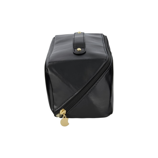 A black toiletry bag featuring a zip closure, gold accents, and a structured design. It has a logo.