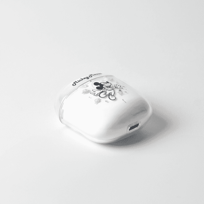 A white earphone case featuring a character design, with a logo on the side and a charging port at the bottom.