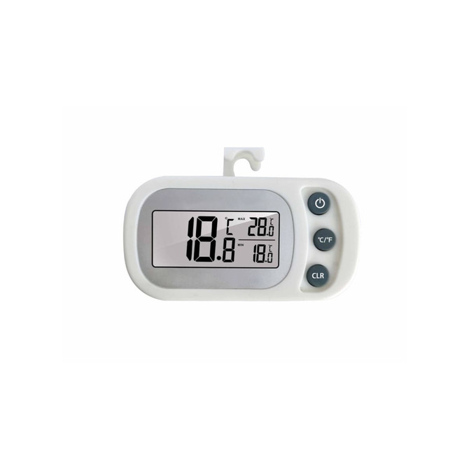 A white ambient thermometer with a large digital display, showing temperature readings and buttons for settings.