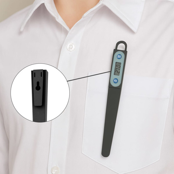 A black instant read meat thermometer with a long probe, featuring a digital display and a pocket clip.