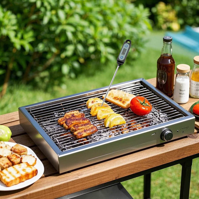 A silver barbecue grill with food items cooking, alongside an instant read thermometer with a long probe on the grill.