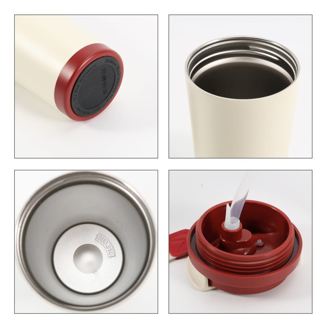 A double wall stainless steel coffee mug in cream with a red lid and base, featuring a logo.