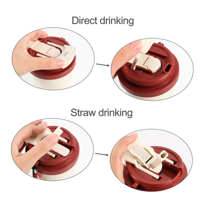 A drink bottle with a red lid and a toggle feature for direct or straw drinking options. It has a logo.