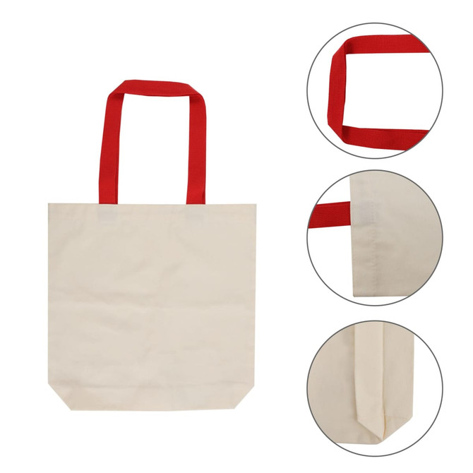 A canvas tote bag in natural beige with vibrant red handles, featuring a simple design and a logo.