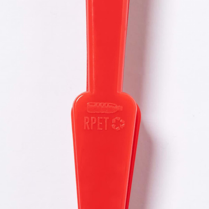 A red RPET foldable fan with a simple design, featuring a small logo on the handle.